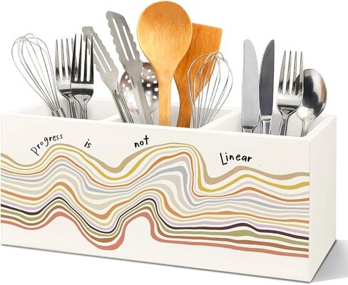 SNNDER Pink Kitchen Disco Ticket Utensils Holder with 3 Compartments, Trendy Retro Girly Aesthetic Wooden Utensil Holder Organizer for Kitchen Counter Shelf Table Decor Desktop Organizer in Kuwait