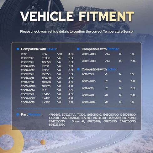 مستشعر درجة حرارة سائل تبريد المحرك ENA متوافق مع Toyota Lexus Scion Pontiac Camry Tacoma RAV4 Highlander 4Runner RX350 ES350 tC Vibe 3.5L 4.8L 5.7L l4 V6 V8 2009 2010 2011 2012 يستبدل TX109 in Saudi Arabia