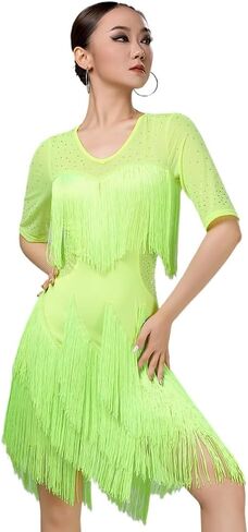 Women's Tassel Latin Dance Dress Rhinestone Tulle V-Neck Irregular Fringe Ballroom Party Dancing Dress in Saudi Arabia