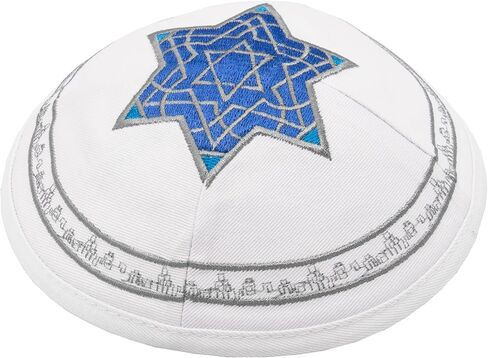 كيبا قطنية عالية الجودة مقاس 19 سم مع تطريز نجمة داود الفضية الكبيرة للرجال والأولاد، قبعة ياماكا من إسرائيل (قاعدة بيضاء) in Kuwait