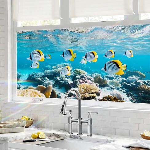 Window Film Privacy Film Stain Glass Window Cling Decorative Stickers Sun Blocking Static Cling Window Cover (1, Mountain, 39.4 x 17.7In) in Kuwait