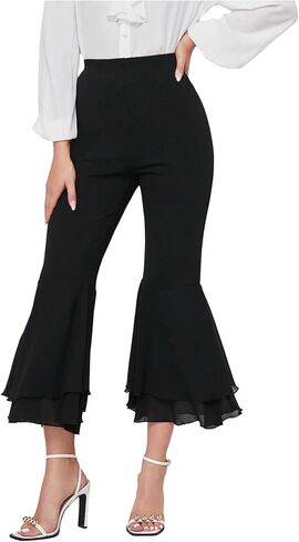 WDIRARA Women's Layered Ruffle Flared Pants Elastic Waist Bell Bottom Cropped Pants in Saudi Arabia