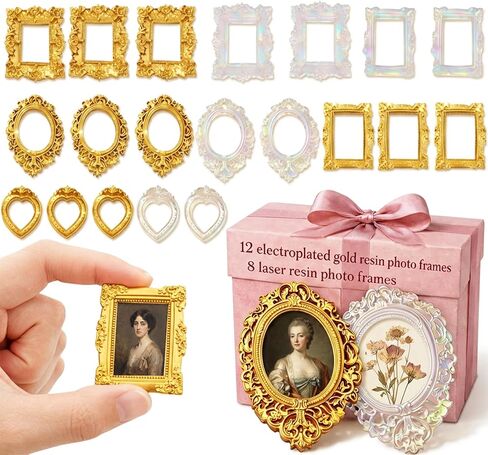 20 Pcs Vintage Mini Frames Bulk, 12 Antique Gold & 8 Crystal Holographic Resin Frames, Small Baroque Ornate Picture Frames for Jewelry Photography Props, in Saudi Arabia