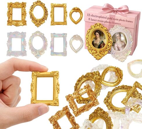 20 Pcs Vintage Mini Frames Bulk, 12 Antique Gold & 8 Crystal Holographic Resin Frames, Small Baroque Ornate Picture Frames for Jewelry Photography Props, in Saudi Arabia