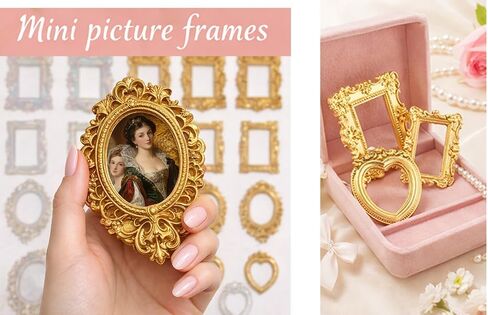 20 Pcs Vintage Mini Frames Bulk, 12 Antique Gold & 8 Crystal Holographic Resin Frames, Small Baroque Ornate Picture Frames for Jewelry Photography Props, in Saudi Arabia