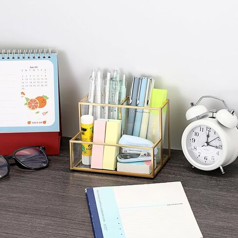 BTSKY 1 Pack Golden Glass Pen Holder for Desk, Clear Pencil Cup with 3 Compartments, Metal Pen Cup Makeup Brushes Holder, Desktop Pens Pot Container, Stationery Cosmetic Caddy Storage for Office Home in Saudi Arabia
