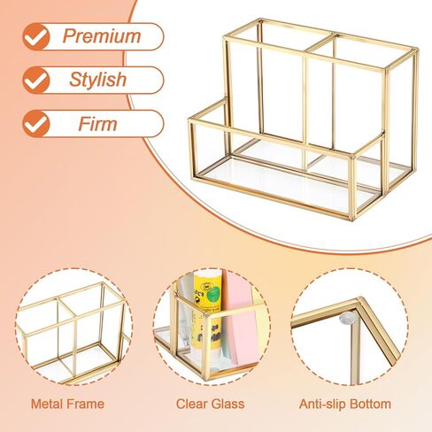 BTSKY 1 Pack Golden Glass Pen Holder for Desk, Clear Pencil Cup with 3 Compartments, Metal Pen Cup Makeup Brushes Holder, Desktop Pens Pot Container, Stationery Cosmetic Caddy Storage for Office Home in Saudi Arabia
