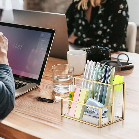 BTSKY 1 Pack Golden Glass Pen Holder for Desk, Clear Pencil Cup with 3 Compartments, Metal Pen Cup Makeup Brushes Holder, Desktop Pens Pot Container, Stationery Cosmetic Caddy Storage for Office Home in Saudi Arabia