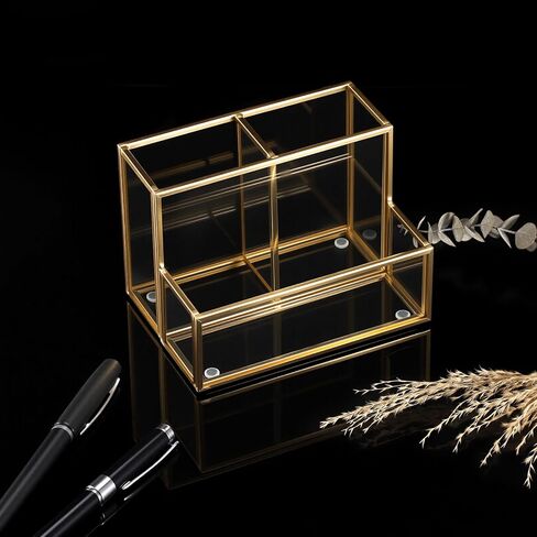BTSKY 1 Pack Golden Glass Pen Holder for Desk, Clear Pencil Cup with 3 Compartments, Metal Pen Cup Makeup Brushes Holder, Desktop Pens Pot Container, Stationery Cosmetic Caddy Storage for Office Home in Saudi Arabia