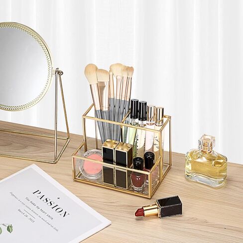 BTSKY 1 Pack Golden Glass Pen Holder for Desk, Clear Pencil Cup with 3 Compartments, Metal Pen Cup Makeup Brushes Holder, Desktop Pens Pot Container, Stationery Cosmetic Caddy Storage for Office Home in Saudi Arabia