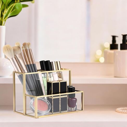 BTSKY 1 Pack Golden Glass Pen Holder for Desk, Clear Pencil Cup with 3 Compartments, Metal Pen Cup Makeup Brushes Holder, Desktop Pens Pot Container, Stationery Cosmetic Caddy Storage for Office Home in Saudi Arabia