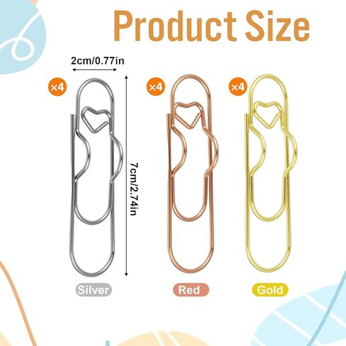 12 Pcs Metal Pen Clips for Notebook, 2.8 Inch Paper Clip Pen Holder for Notebooks Papers Planner Jumbo Office Supplies, Gold/Red/Silver Heart Shape in Kuwait