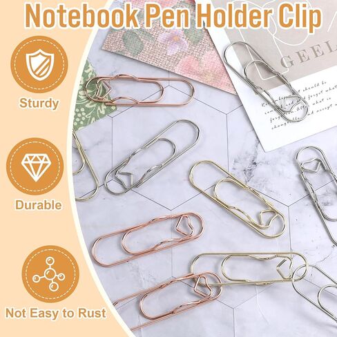12 Pcs Metal Pen Clips for Notebook, 2.8 Inch Paper Clip Pen Holder for Notebooks Papers Planner Jumbo Office Supplies, Gold/Red/Silver Heart Shape in Kuwait