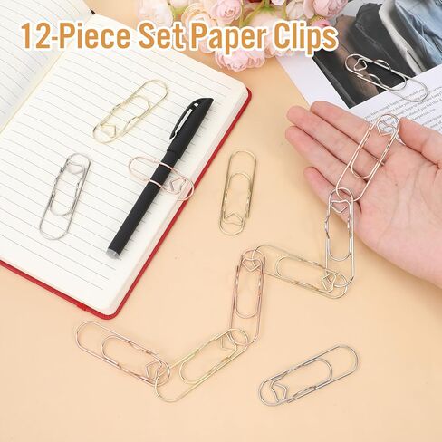 12 Pcs Metal Pen Clips for Notebook, 2.8 Inch Paper Clip Pen Holder for Notebooks Papers Planner Jumbo Office Supplies, Gold/Red/Silver Heart Shape in Kuwait