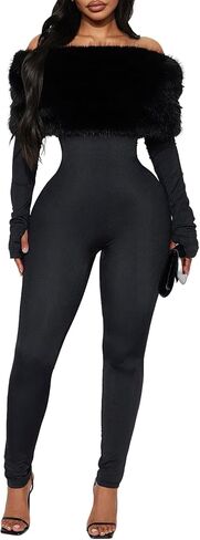 Women sexy Faux Fur Collar Off Shoulder Bodycon Jumpsuits Long Sleeve One Piece Romper Club Outfits in Kuwait