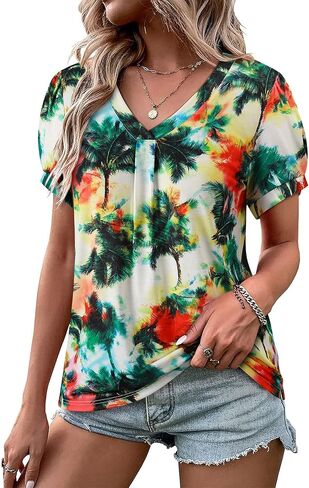 Womens Puff Short Sleeve Hawaiian Shirts Floral Tropic Printed Pleated V Neck Summer Casual T-Shirt Trendy Boho Blouses Tops in Saudi Arabia