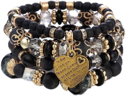 tenghong2021 Boho Stackable Beaded Bracelets for Women Mixed Color Multi-Layer Beaded Stretch Bracelet Set Crystal Stone Heart Letter Gold Charm Gemstone Bangles for Men Summer Beach Gifts Jewelry in Saudi Arabia