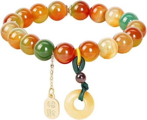 Peacock Agate & Topaz Bracelet with Lucky Buckle Charm, Stretch Balance Fortune Topaz Beads Bracelet for Women, Adjustable Elastic Peacock Agate Bracelet for Relieve Anxiety, Positive Gift for Mother's Day,Birthday,Promotion,Graduation - 10MM, Includes Gi in Kuwait