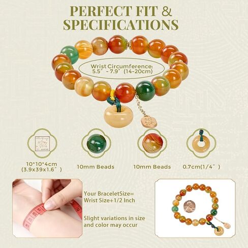 Peacock Agate & Topaz Bracelet with Lucky Buckle Charm, Stretch Balance Fortune Topaz Beads Bracelet for Women, Adjustable Elastic Peacock Agate Bracelet for Relieve Anxiety, Positive Gift for Mother's Day,Birthday,Promotion,Graduation - 10MM, Includes Gi in Kuwait