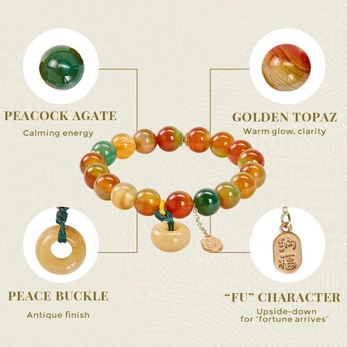 Peacock Agate & Topaz Bracelet with Lucky Buckle Charm, Stretch Balance Fortune Topaz Beads Bracelet for Women, Adjustable Elastic Peacock Agate Bracelet for Relieve Anxiety, Positive Gift for Mother's Day,Birthday,Promotion,Graduation - 10MM, Includes Gi in Kuwait