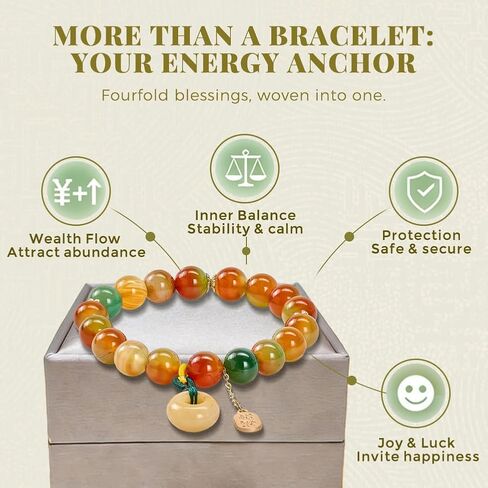 Peacock Agate & Topaz Bracelet with Lucky Buckle Charm, Stretch Balance Fortune Topaz Beads Bracelet for Women, Adjustable Elastic Peacock Agate Bracelet for Relieve Anxiety, Positive Gift for Mother's Day,Birthday,Promotion,Graduation - 10MM, Includes Gi in Kuwait