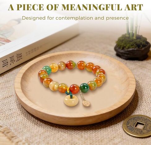 Peacock Agate & Topaz Bracelet with Lucky Buckle Charm, Stretch Balance Fortune Topaz Beads Bracelet for Women, Adjustable Elastic Peacock Agate Bracelet for Relieve Anxiety, Positive Gift for Mother's Day,Birthday,Promotion,Graduation - 10MM, Includes Gi in Kuwait