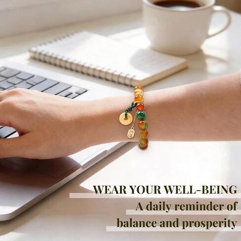 Peacock Agate & Topaz Bracelet with Lucky Buckle Charm, Stretch Balance Fortune Topaz Beads Bracelet for Women, Adjustable Elastic Peacock Agate Bracelet for Relieve Anxiety, Positive Gift for Mother's Day,Birthday,Promotion,Graduation - 10MM, Includes Gi in Kuwait