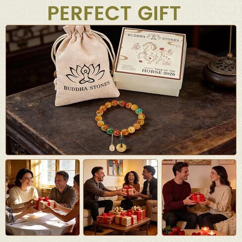 Peacock Agate & Topaz Bracelet with Lucky Buckle Charm, Stretch Balance Fortune Topaz Beads Bracelet for Women, Adjustable Elastic Peacock Agate Bracelet for Relieve Anxiety, Positive Gift for Mother's Day,Birthday,Promotion,Graduation - 10MM, Includes Gi in Kuwait