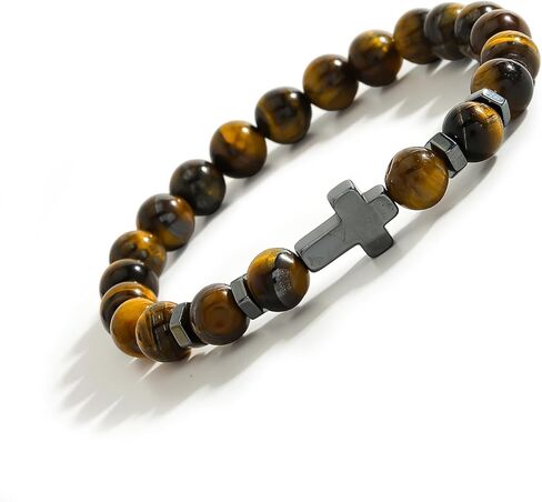 Beaded Stone Cross Stretch Bracelet for Men Women, Catholic Rosary Bracelet Healing Anxiety, Adjustable Elastic Natural Stone Bracelets in Saudi Arabia