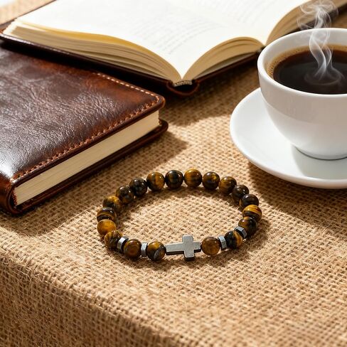 Beaded Stone Cross Stretch Bracelet for Men Women, Catholic Rosary Bracelet Healing Anxiety, Adjustable Elastic Natural Stone Bracelets in Saudi Arabia