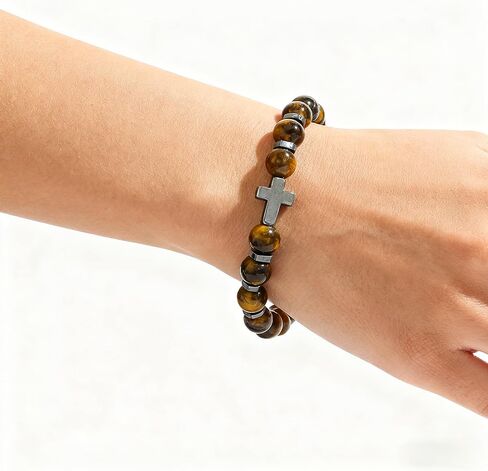 Beaded Stone Cross Stretch Bracelet for Men Women, Catholic Rosary Bracelet Healing Anxiety, Adjustable Elastic Natural Stone Bracelets in Saudi Arabia