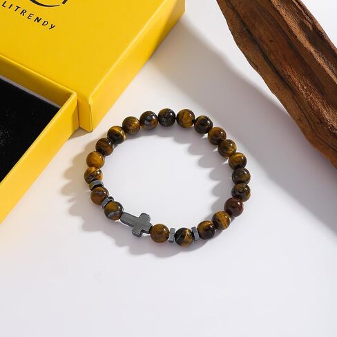 Beaded Stone Cross Stretch Bracelet for Men Women, Catholic Rosary Bracelet Healing Anxiety, Adjustable Elastic Natural Stone Bracelets in Saudi Arabia
