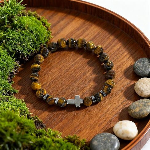 Beaded Stone Cross Stretch Bracelet for Men Women, Catholic Rosary Bracelet Healing Anxiety, Adjustable Elastic Natural Stone Bracelets in Saudi Arabia