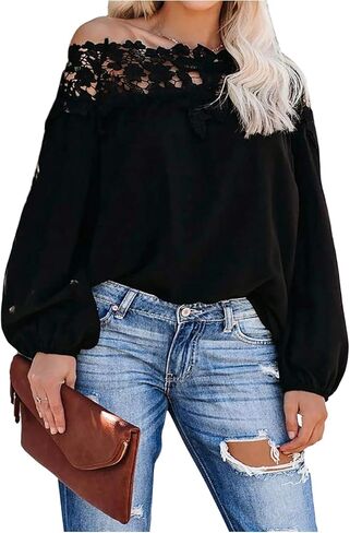 WDIRARA Women's Plus Size Off The Shoulder Top Lace Bishop Long Sleeve Blouse in Saudi Arabia