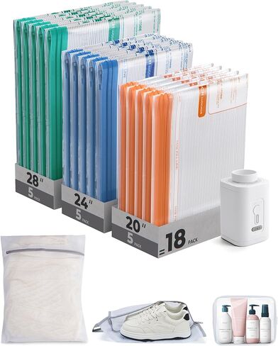 BAGSMART Vacuum Storage Bags for Travel with Rechargeable Air Pump, Portable Space Saver Bags for Travel & Home, Vacuum Compression Seal Bag for Clothing, Blanket, 18 Pack Gray in Kuwait