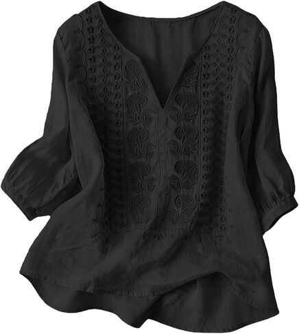 Embroidered Tops for Women 3/4 Sleeve Boho Cotton Linen Shirts Plus Size V Neck Tunic Peasant Clothes in Saudi Arabia