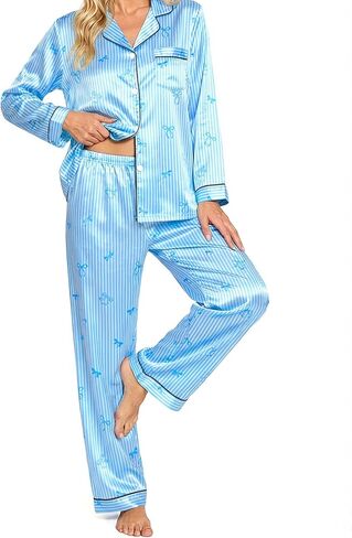 طقم بيجامة حريمي من الساتان مكون من قطعتين من الحرير بأكمام طويلة وأزرار سفلية ناعمة لملابس النوم in Kuwait