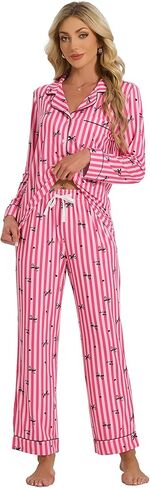 LYCY Women's Striped Print Pajama Set, Soft Button Down Long Sleeve Sleepwear, Cute Relaxed Fit Sleepwear in Kuwait