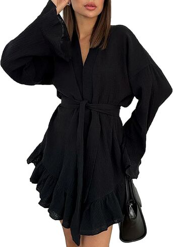 Womens Pajamas Set Cotton Ruffle Hem Long Sleeve Robe Short Pants 2Pcs Loungewear Sleepwear in Saudi Arabia
