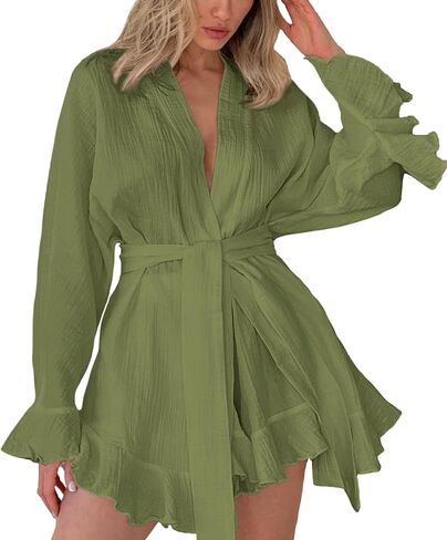 Womens Pajamas Set Cotton Ruffle Hem Long Sleeve Robe Short Pants 2Pcs Loungewear Sleepwear in Saudi Arabia
