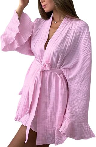 Womens Pajamas Set Cotton Ruffle Hem Long Sleeve Robe Short Pants 2Pcs Loungewear Sleepwear in Saudi Arabia