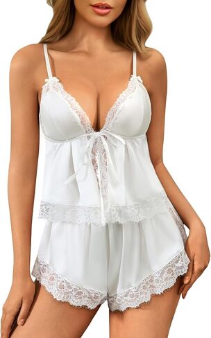 طقم بيجامة ملابس داخلية نسائية مثيرة من Kolagri، طقم شورت من الدانتيل بربطة أمامية سهلة الارتداء وخصر عالٍ، ملابس نوم in Kuwait