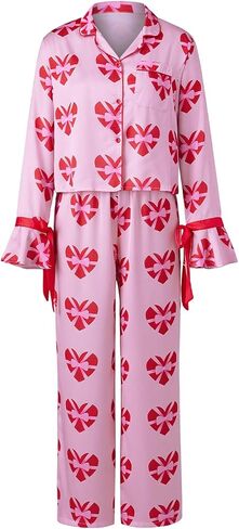 Women 2 Piece Valentines Day Heart Print Pajama Set Long Sleeve Button-up Tops and Pants Sleepwear Outfit in Kuwait