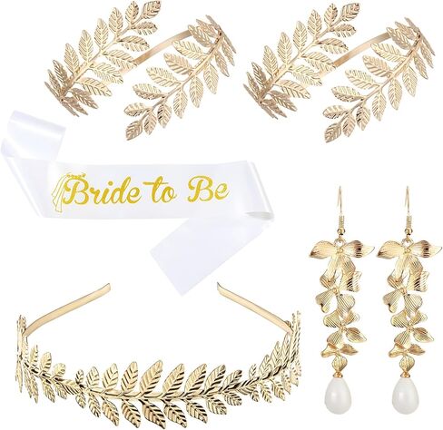 BOZILY Greek Goddess Accessories Set - Gold Leaf Headband Crown, Dangle Earrings, 2 Armbands & Shoulder Strap - Alloy & Pearl Bridal Wedding Costume Jewelry for Women, Cosplay, Theme Party in Kuwait
