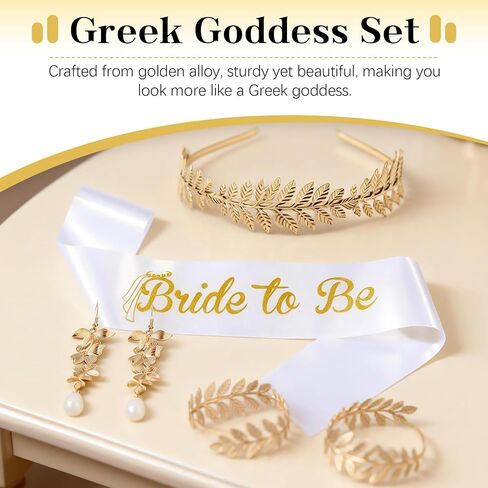 BOZILY Greek Goddess Accessories Set - Gold Leaf Headband Crown, Dangle Earrings, 2 Armbands & Shoulder Strap - Alloy & Pearl Bridal Wedding Costume Jewelry for Women, Cosplay, Theme Party in Kuwait