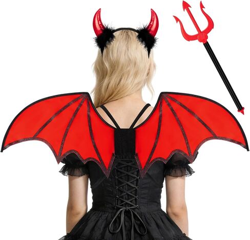 quescu 3pcs Devil Costume Set,Devil Wings,Devil Horn Headband,Pitchfork for Halloween Dress Up Cosplay Accessories Party Favor in Kuwait