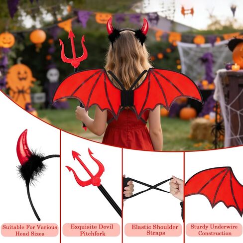 quescu 3pcs Devil Costume Set,Devil Wings,Devil Horn Headband,Pitchfork for Halloween Dress Up Cosplay Accessories Party Favor in Kuwait