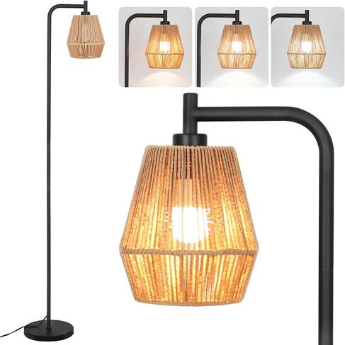 Rattan Floor Lamps for Living Room,Boho Floor Lamp with 3 Color Temperatures,Farmhouse Standing lamp with Hand-Worked Wicker shade,Black tall light for Bedroom,Office,Corner(9W LED Bulb Included) in Saudi Arabia
