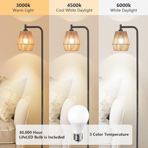 Rattan Floor Lamps for Living Room,Boho Floor Lamp with 3 Color Temperatures,Farmhouse Standing lamp with Hand-Worked Wicker shade,Black tall light for Bedroom,Office,Corner(9W LED Bulb Included) in Saudi Arabia