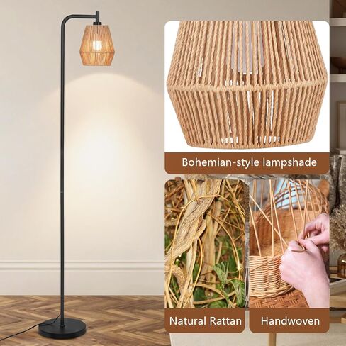 Rattan Floor Lamps for Living Room,Boho Floor Lamp with 3 Color Temperatures,Farmhouse Standing lamp with Hand-Worked Wicker shade,Black tall light for Bedroom,Office,Corner(9W LED Bulb Included) in Saudi Arabia